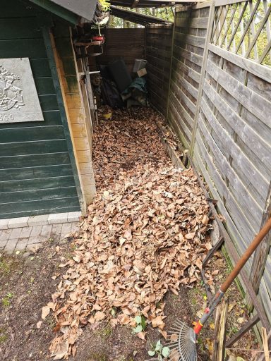 Objekt Nr.1 Vorher - VS-Marbach Ein zugemüllter Gartenbereich mit Laubhaufen und einem Schuppen im Hintergrund.