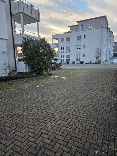 Objekt Nr.14 - Trossingen Pflasterweg mit Wohngebäuden und einem kleinen Strauch im Vordergrund.